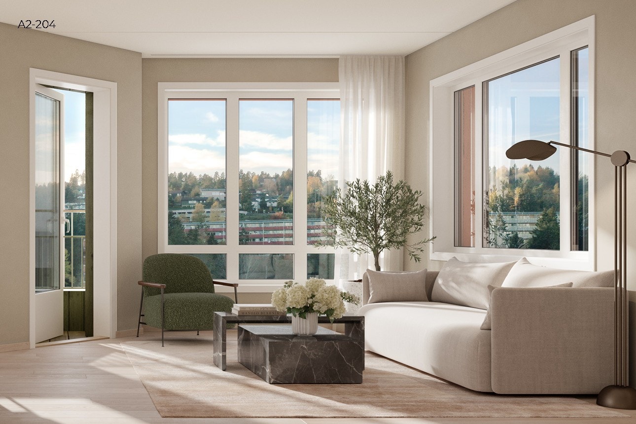 Lys og innbydende stue med store vindusflater. Åpen kjøkken- og stue løsning gir rom for både hverdagsliv og sosiale sammenkomster. Galleribilde