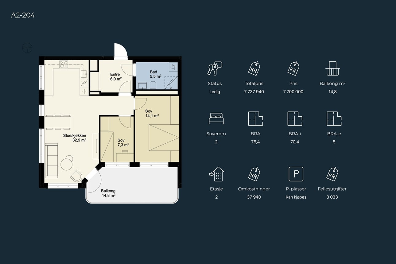 Effektiv og gjennomtenkt planløsning med romslig stue/kjøkken, 2 soverom, flislagt bad og vestvendt balkong. Galleribilde
