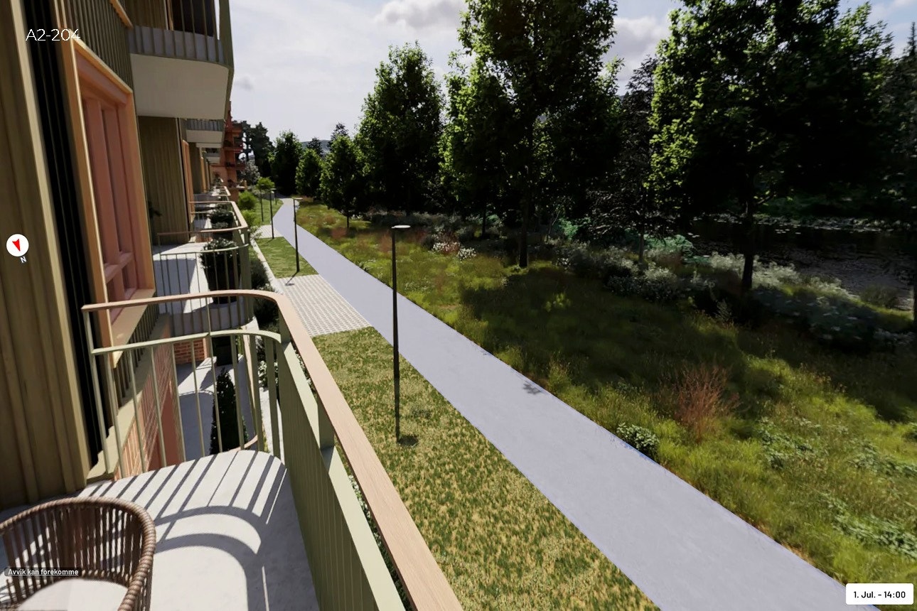 Balkong med utsikt mot grøntområde og tursti - perfekt for ettermiddagskaffe og sene sommerkvelder. Galleribilde