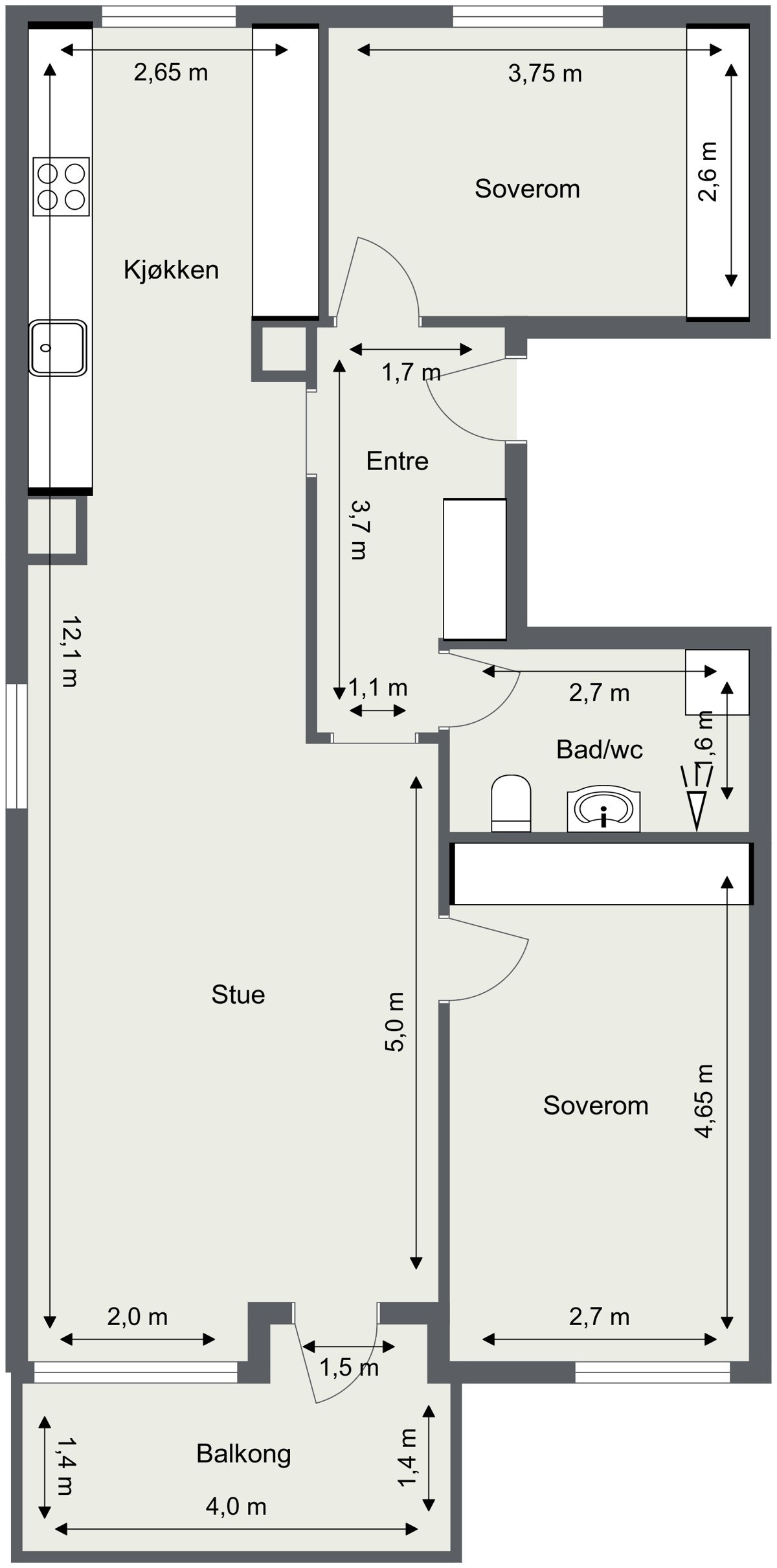 Innhold: Entré, bad/wc, 2 soverom,, åpent kjøkken og stue. Galleribilde