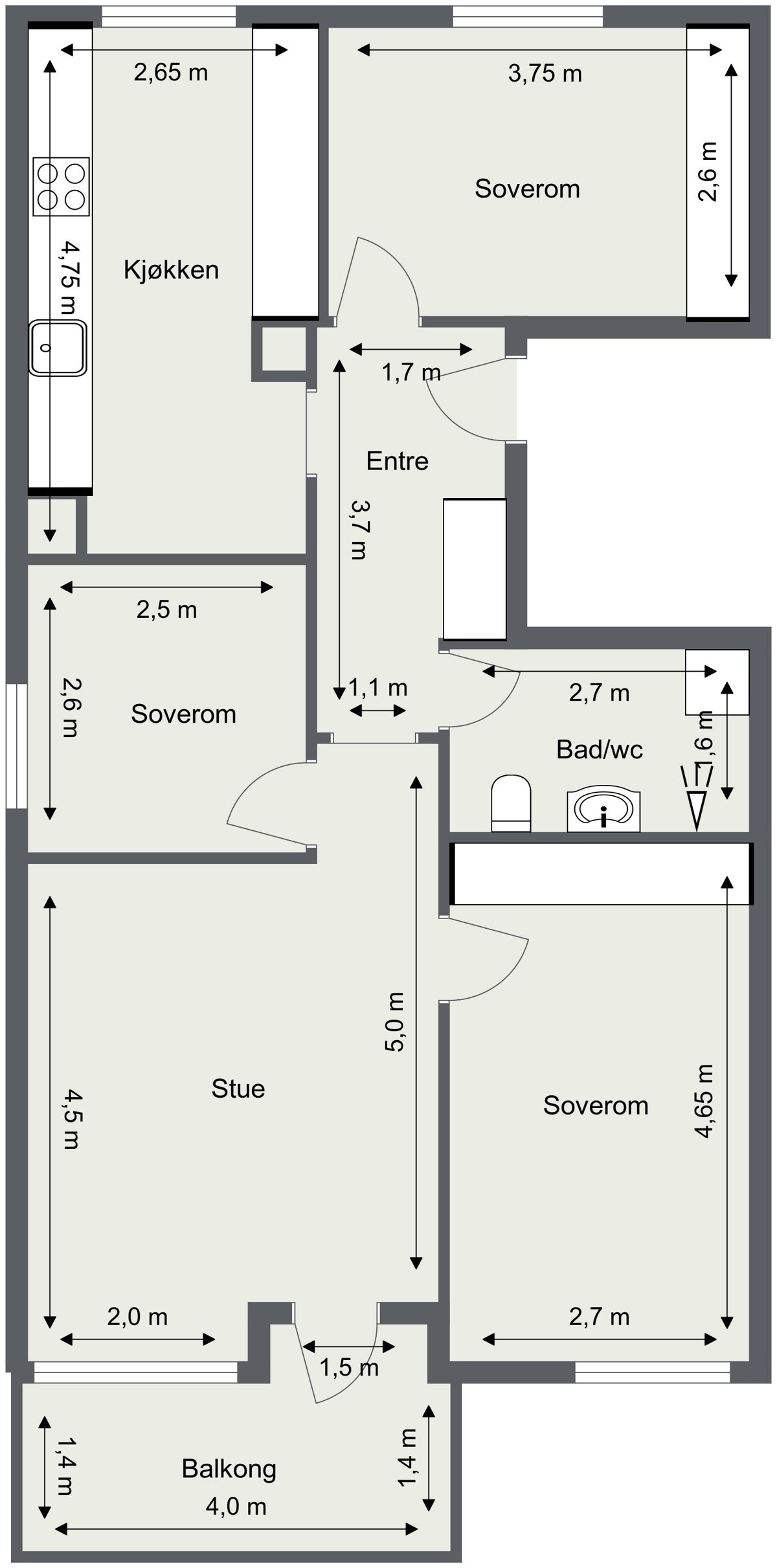 Alternativ plantegning med 3 soverom. Det er ingen tilluft eller ventilasjon i "soverommet", dette må etableres for at rommet skal være et fullverdig soverom. Galleribilde