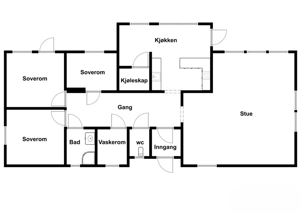 Plantegningen viser en romslig stue med direkte tilgang til kjøkkenet. Kjøkkenet er utstyrt med integrerte hvitevarer. Galleribilde