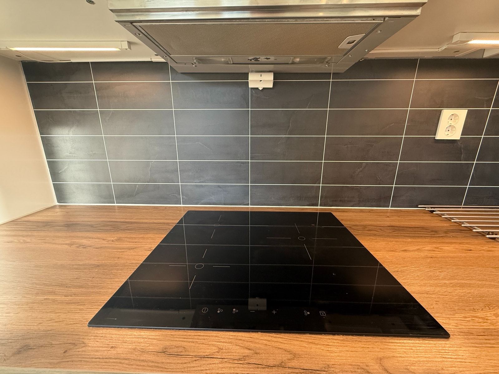 Induksjonstopp med integrert ventilator. God benkeplass og praktiske stikkontakter over benk. Galleribilde