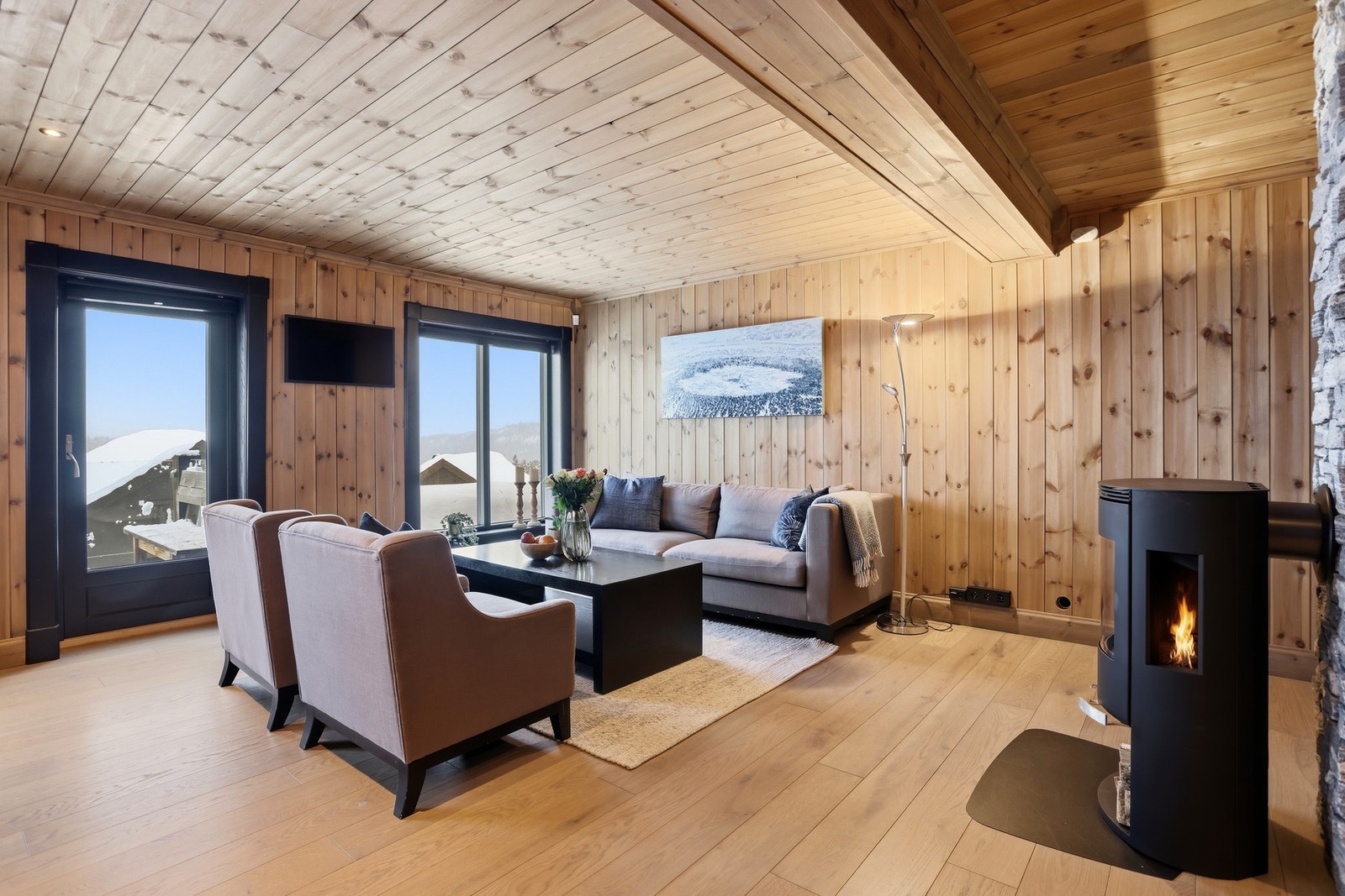 Hyggelig sofagruppe der men kan nyte både synet av flammene i peisen og skisporten på TV Galleribilde