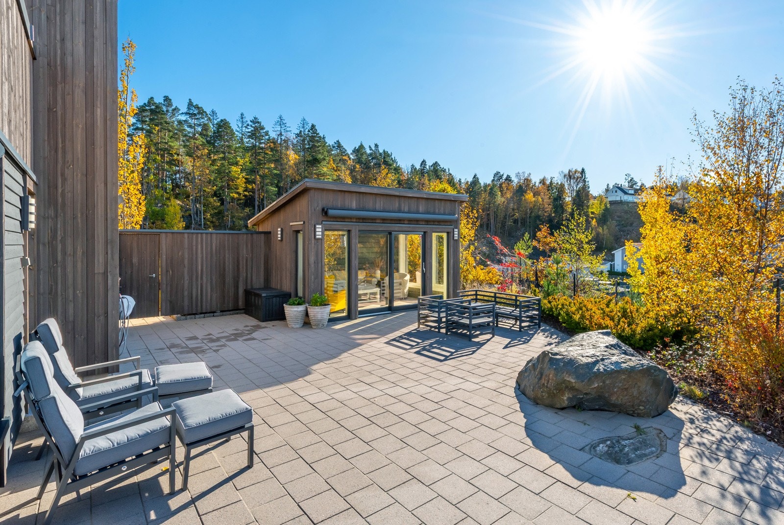 Hagestue på 14 kvm som inviterer til bruk hele året da den er isolert og har behagelig gulvvarme. Galleribilde