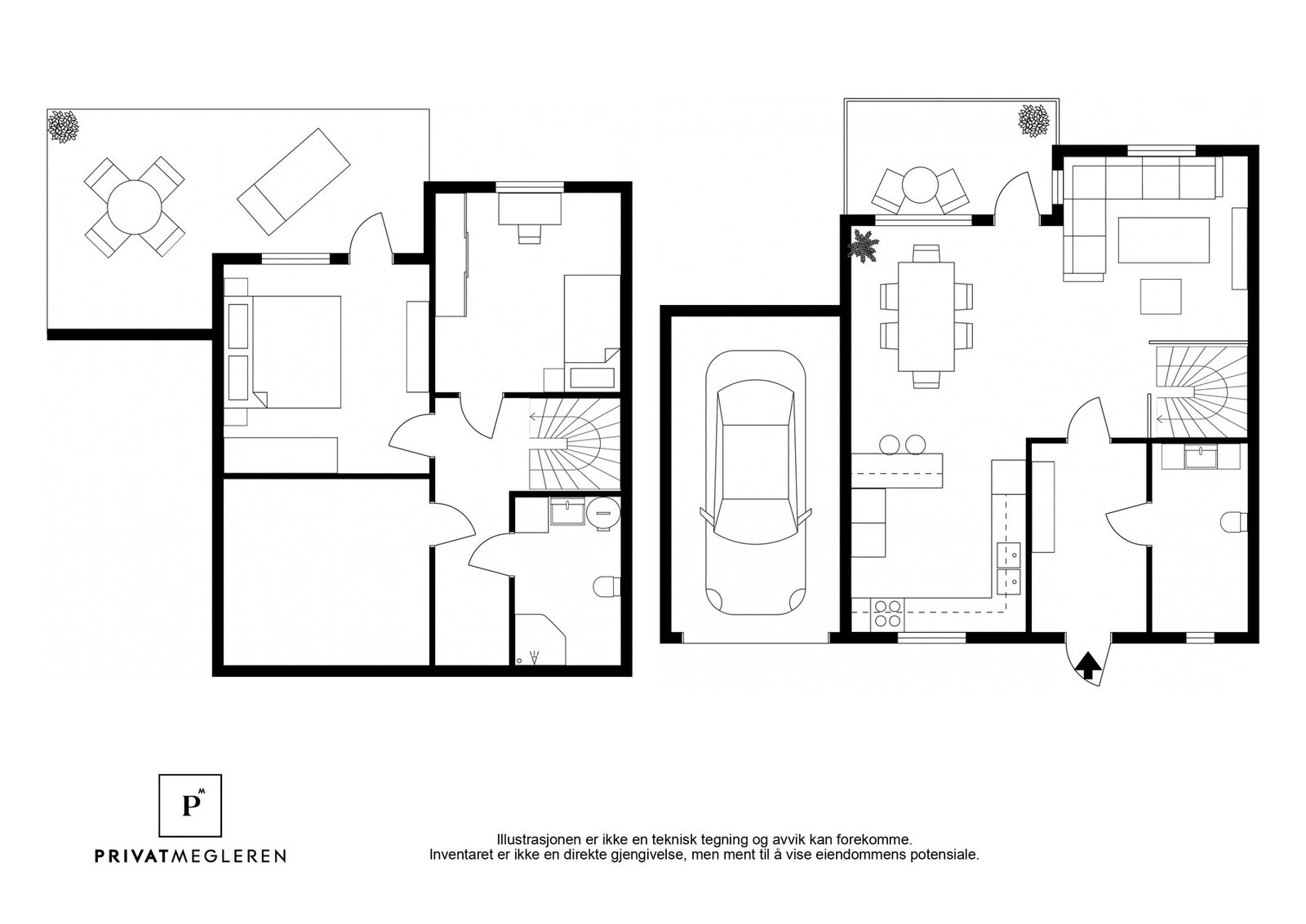 Plantegning av enebolig med tre soverom, stue, kjøkken, bad og garasje. To utendørs områder. Galleribilde