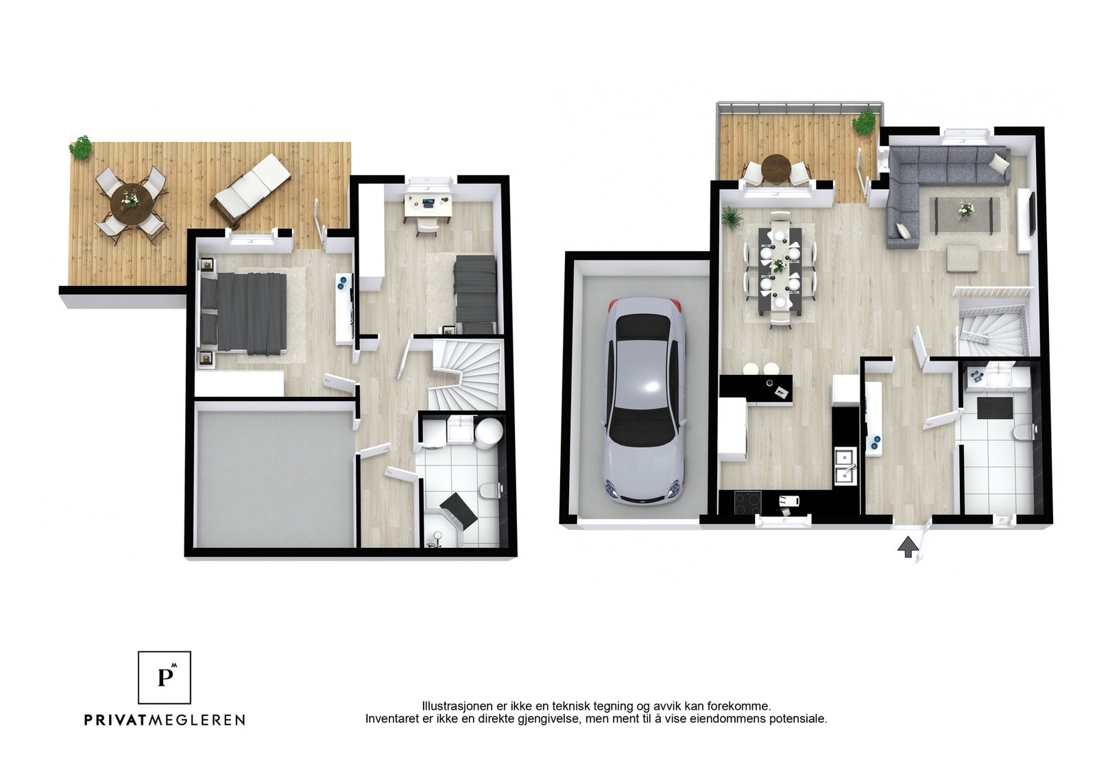 Boligen har to etasjer med garasje, bad, kjøkken, stue, soverom og to terrasser. Galleribilde