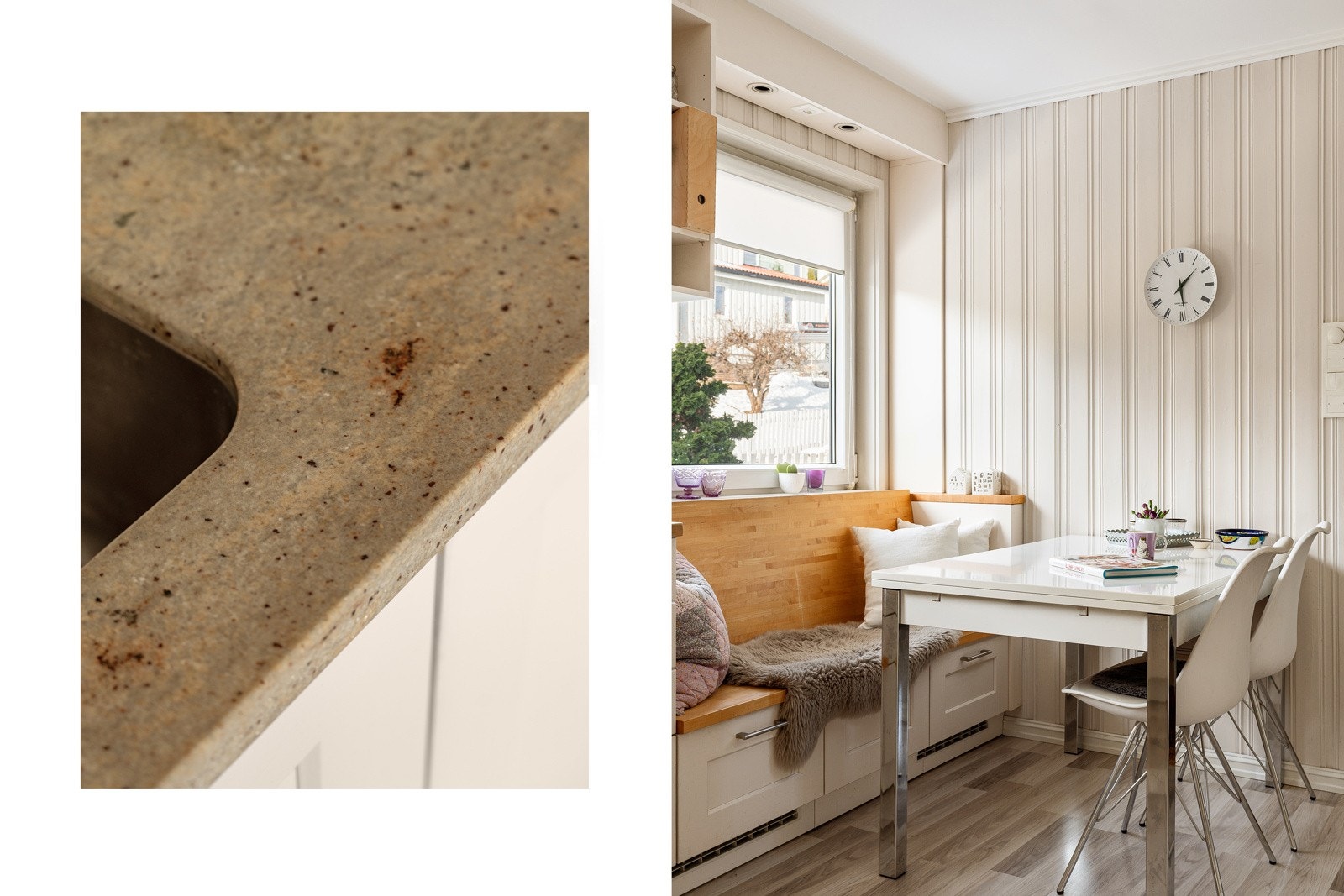 Slitesterk benkeplate i både heltre og sten med underlimt kum i rustfritt stål. Galleribilde