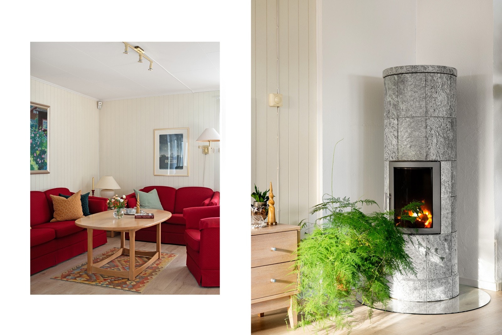 Hyggelig peisovn i stue som gir en lun romfølelse på vinterstid. Galleribilde