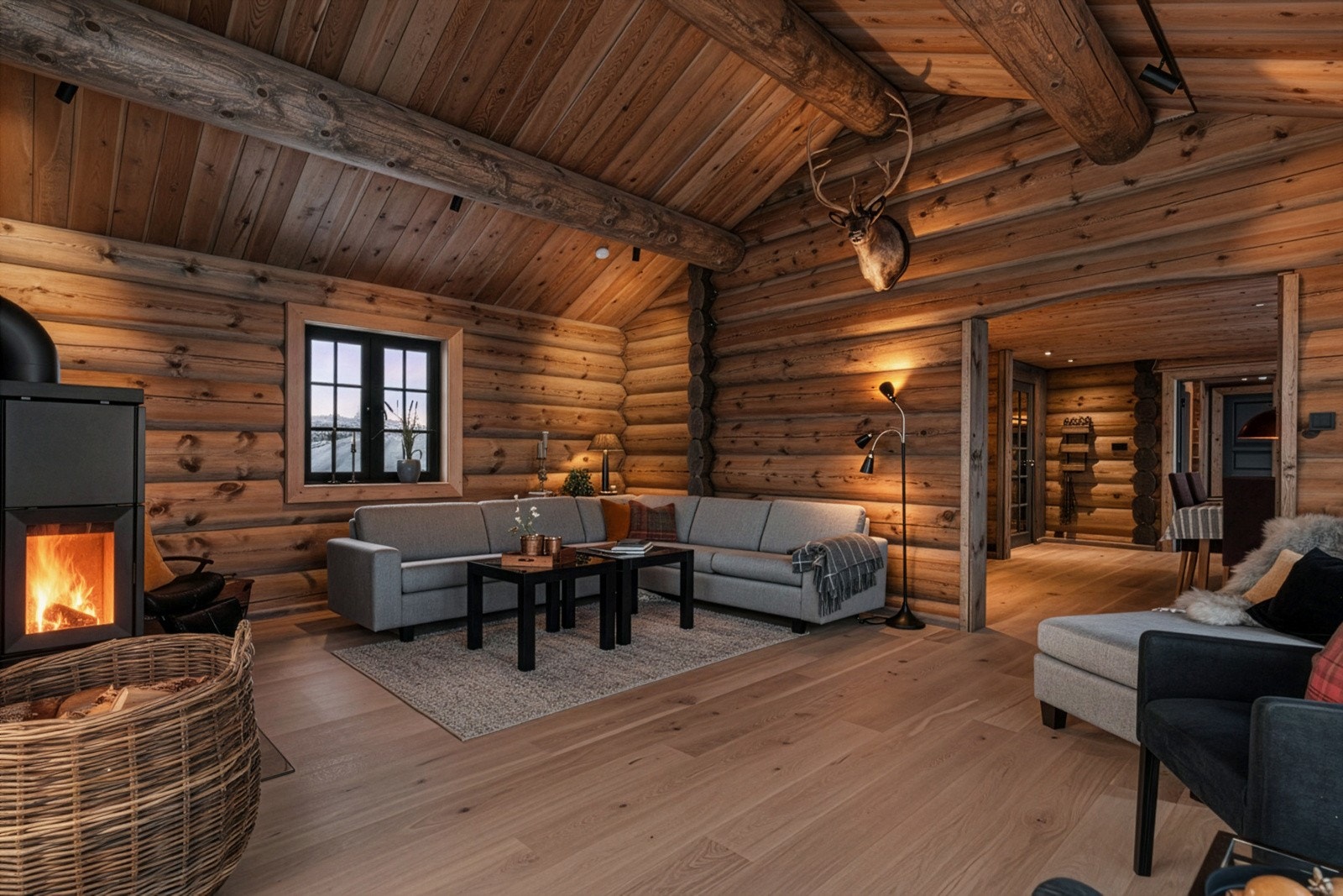 AI generert kveldsbilde av stuen Galleribilde