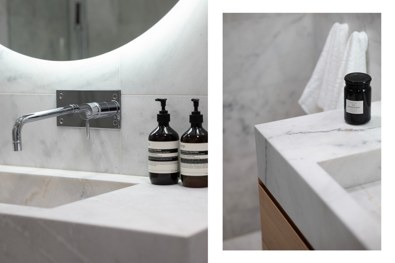 Baderomsunderskapet i eik, med to store skuffer fra Bella Studio, gir god lagringsplass og et rent uttrykk. Den håndlagde vasken i Carrara marmor er en flott detalj som fullfører den eksklusive følelsen Galleribilde