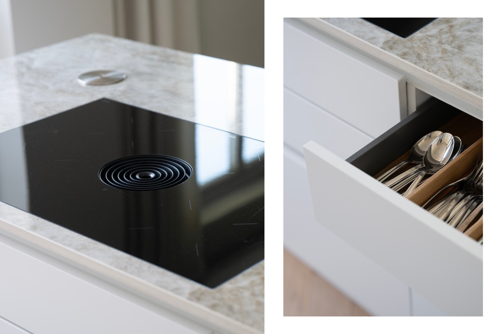 Smarte detaljer som elektrisk touch-åpning på avfallsskuff under vask, ekstra stor vask med uttrekkbar kran, og pop-up stikkontakt i kjøkkenøya gjør kjøkkenet funksjonelt og praktisk i hverdagen. Galleribilde