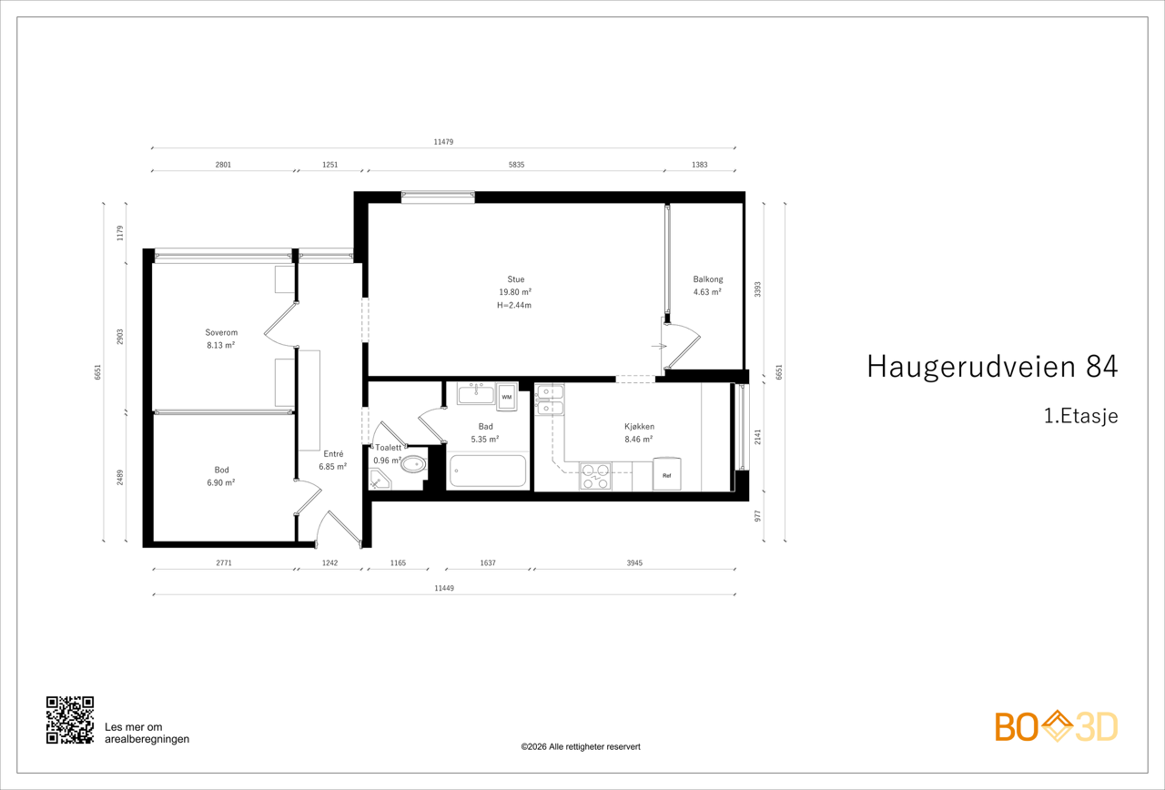 Leiligheten har en arealeffektiv planløsning med stue, separat kjøkken, soverom, bad, toalettrom og en innvendig bod. Fra stuen er det utgang til balkongen. Galleribilde