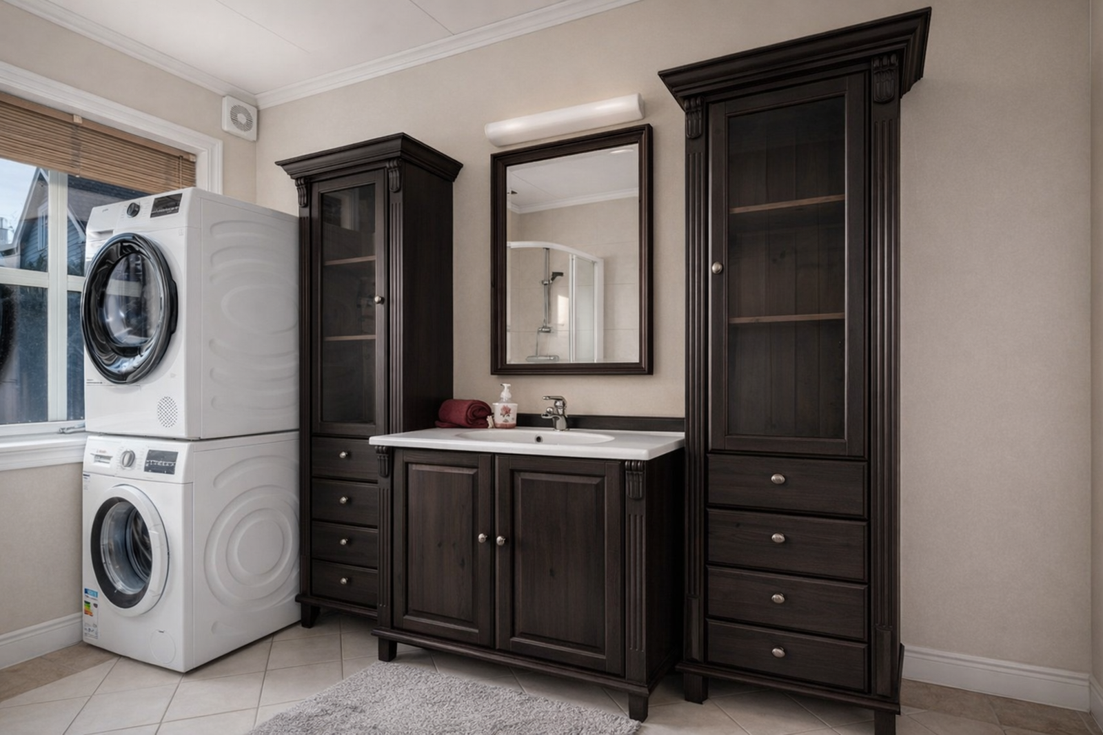 Og her har KI vært innom og beiset innredningen og malt flisene. Det ble vel lekkert ! ( illustrasjon ) Galleribilde