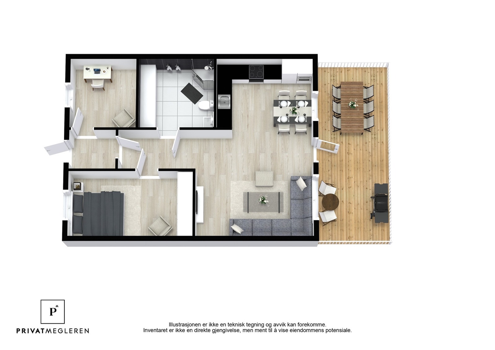 Boligen har en åpen stue- og kjøkkenløsning, bad, soverom, kontor og en stor terrasse. Galleribilde