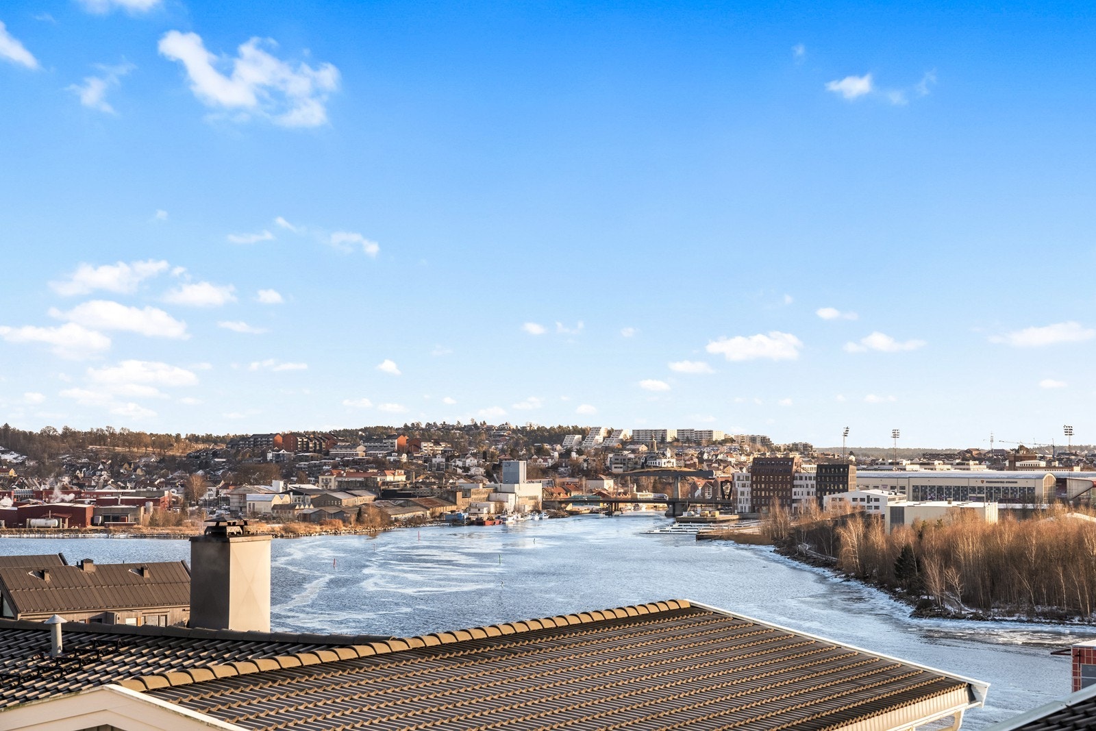 Fra boligen er det utsikt over elven og byens silhuett. Galleribilde