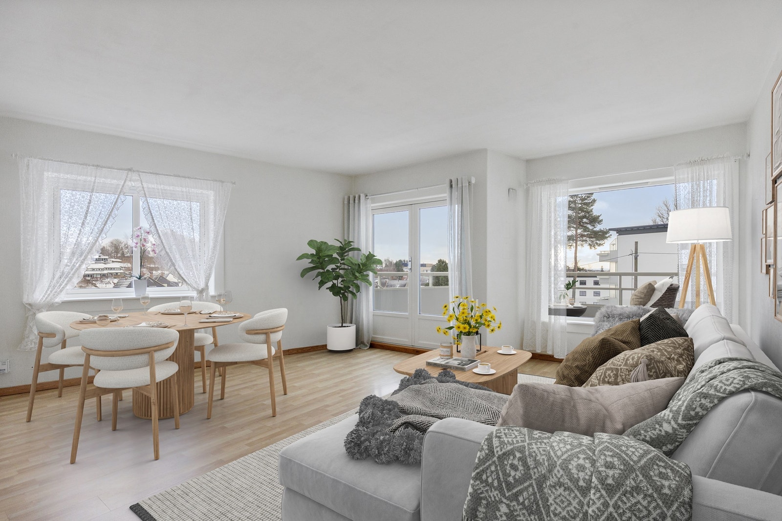 Dette er en stor og lys 3-roms hjørneleilighet med svært attraktiv og sentral beliggenhet. Kort gåavstand til det aller meste av ønskelige fasiliteter. Foto: Zovenfra AS (digital styling) Galleribilde