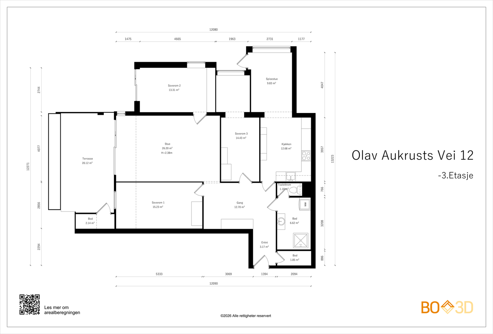 Meget romslig selveierleilighet på ett plan; tre soverom, stor entrè/hall, bad, separat toalett, innvendig bod, stort spisekjøkken og romslig stue Galleribilde