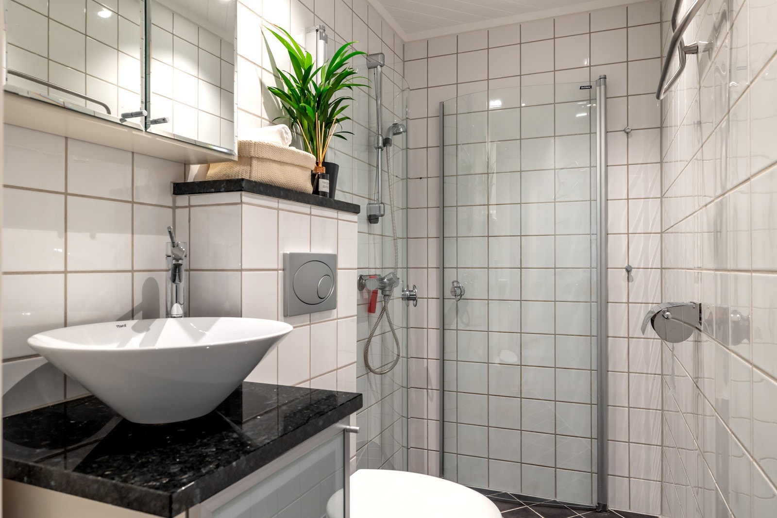 Bad II har dusjhjørne, toalett, servantinnredning og et speilskap Galleribilde