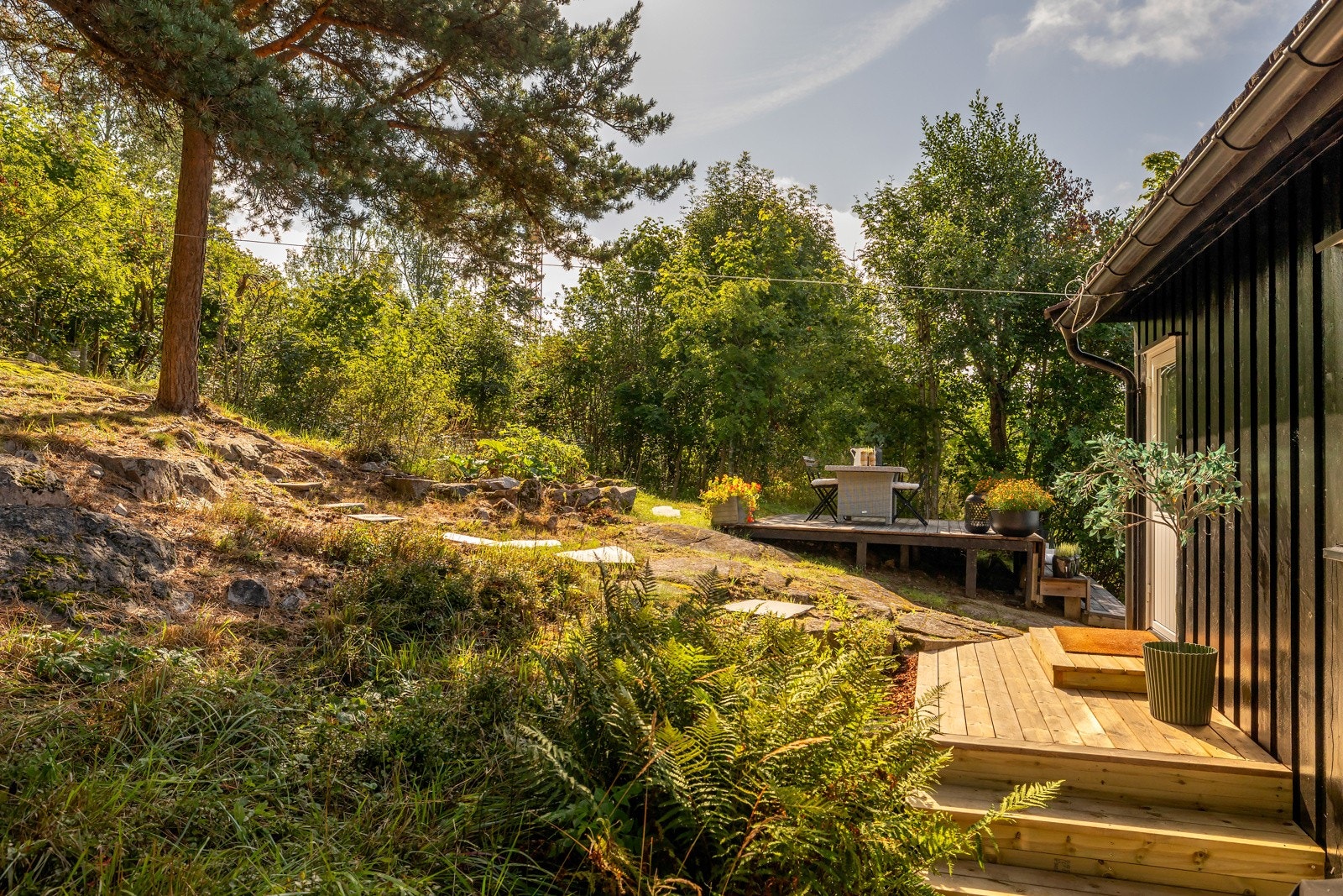Bak huset finner du et mer lunt og naturnært uteområde med skogstomt og en grønnsakshage Galleribilde