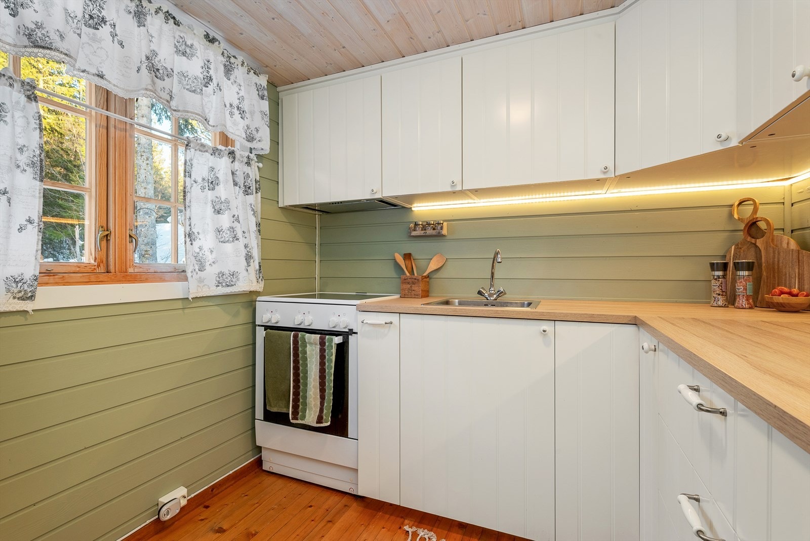 Innlagt strøm og vann gjør matlagingen enkel og grei. Galleribilde