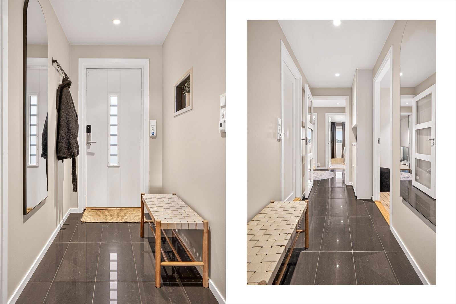 Entréen har en lys og enkel utforming med plass til oppheng og skohylle. Galleribilde