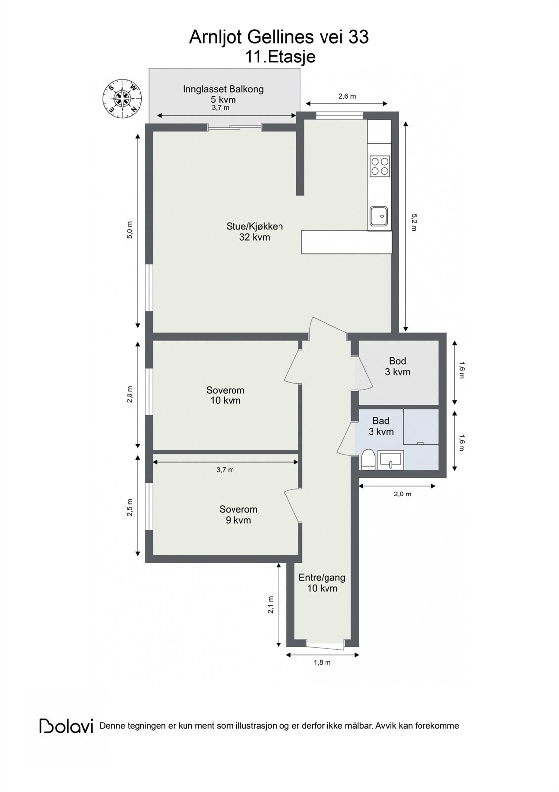 Plantegning. Boligen inneholder stue/kjøkken, 2 soverom, innglasset balkong, bad, entré/gang, samt en innvendig bod. Galleribilde