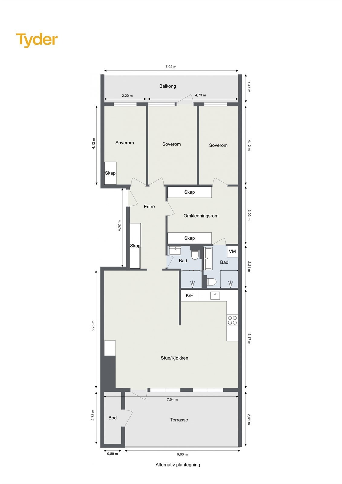 Alternativ planløsning - Leiligheten kan enkelt omgjøres til en 4-roms leilighet ved å dele opp hovedsoverommet. Galleribilde