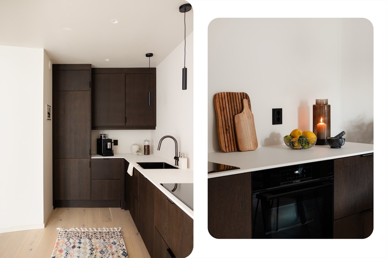 Kjøkkenet er romslig og tidløst, med gode arbeidsflater og rikelig med oppbevaringsplass som gjør matlagingen både enkel og inspirerende. Innredningen er fra Epoq med glatte fronter og laminat benkeplate, noe som gir et stilrent og praktisk uttrykk. Galleribilde