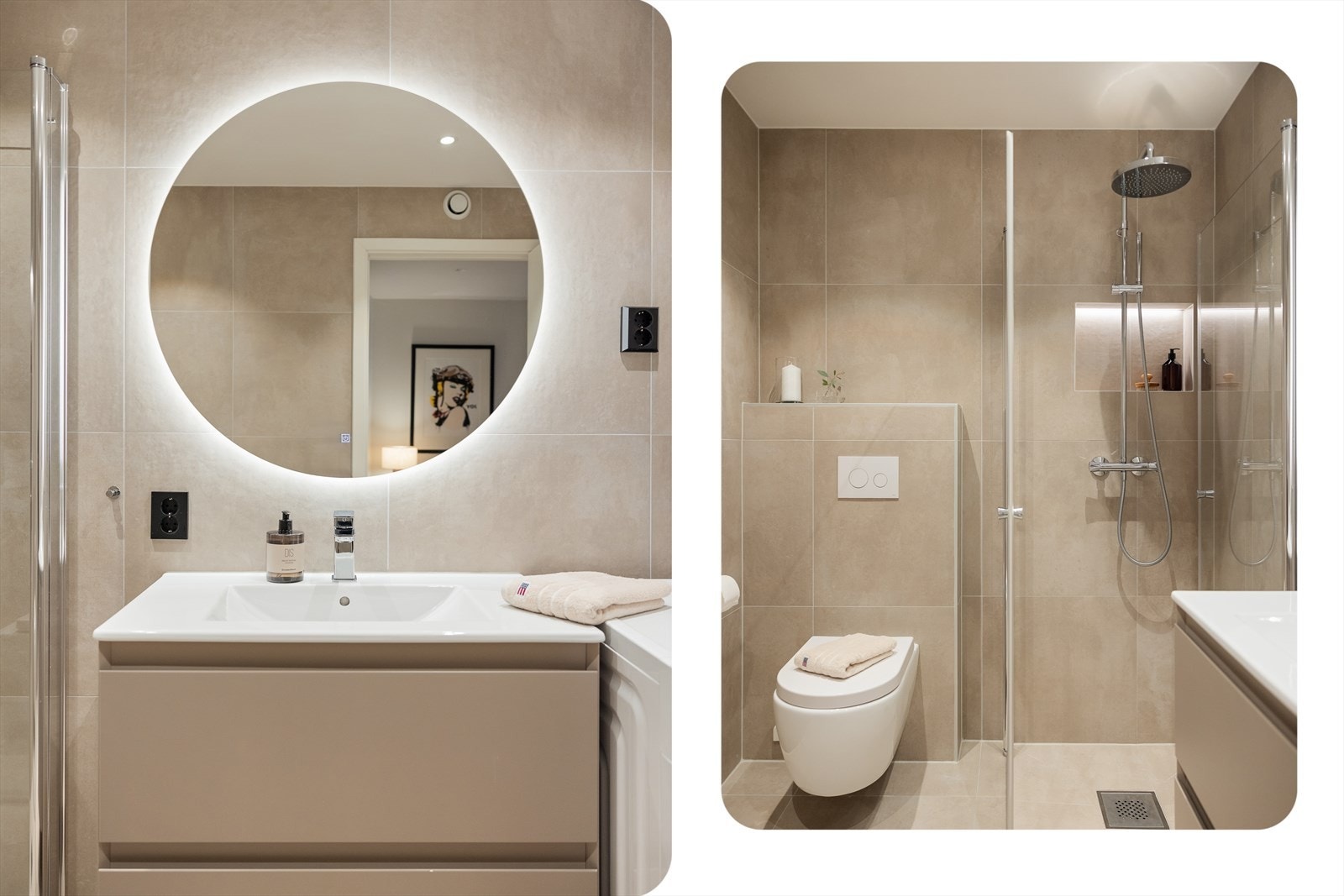 Badet fremstår som både stilrent og funksjonelt, med baderomsinnredning med nedfelt servant, veggmontert toalett og dusj med dusjvegger. Det er også opplegg for vaskemaskin. Galleribilde