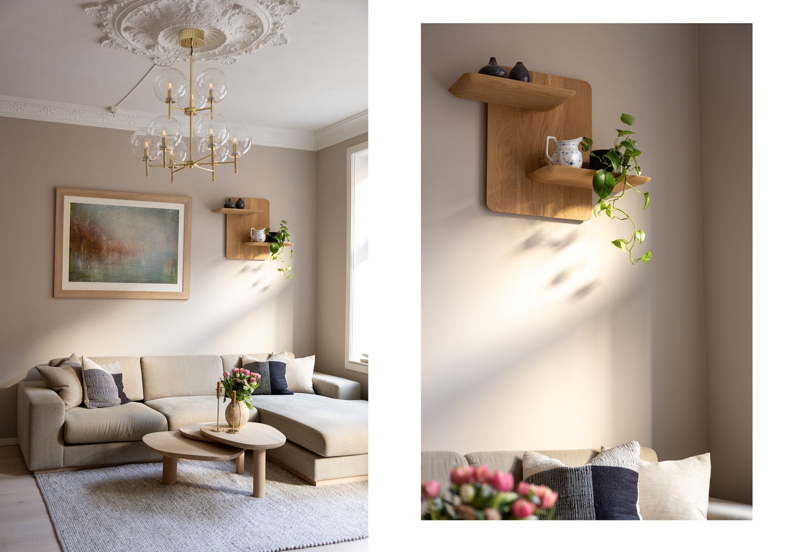 Overflatene er malt i en behagelig fargetone, og på gulv i oppholdsrom er det 1-stavs parkett. Galleribilde