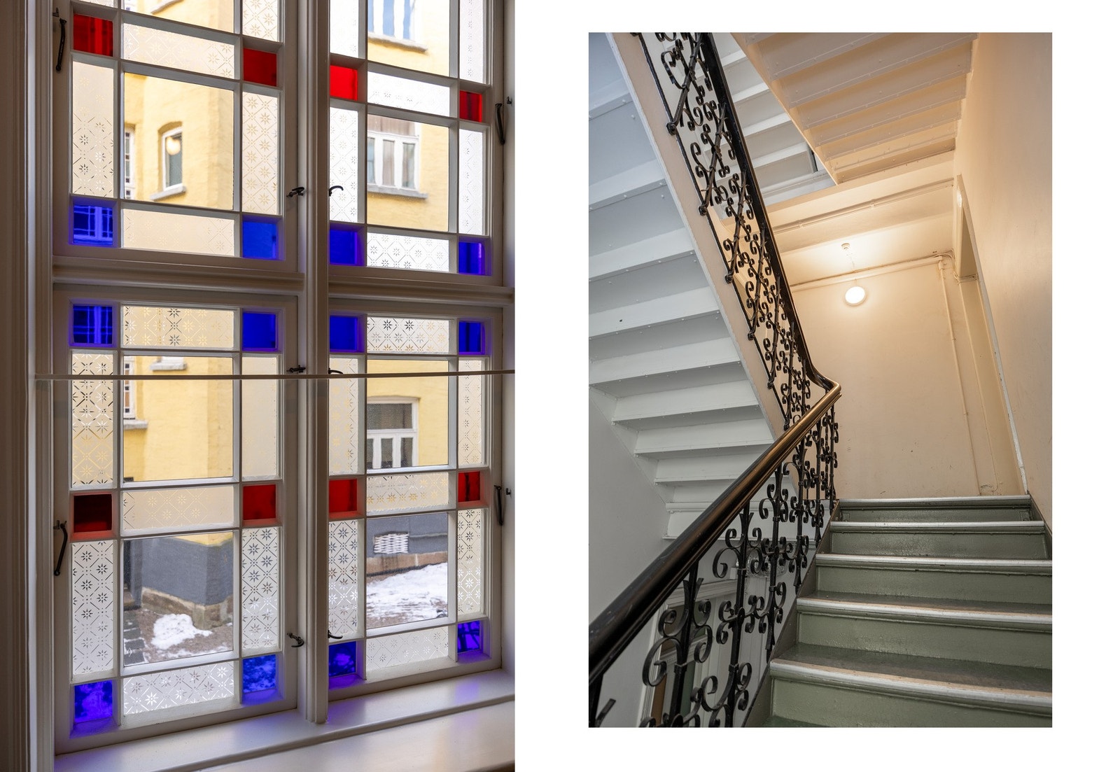 Flotte detaljer i felles oppgang. Vinduene er nylig restaurert i regi av borettslaget. Galleribilde