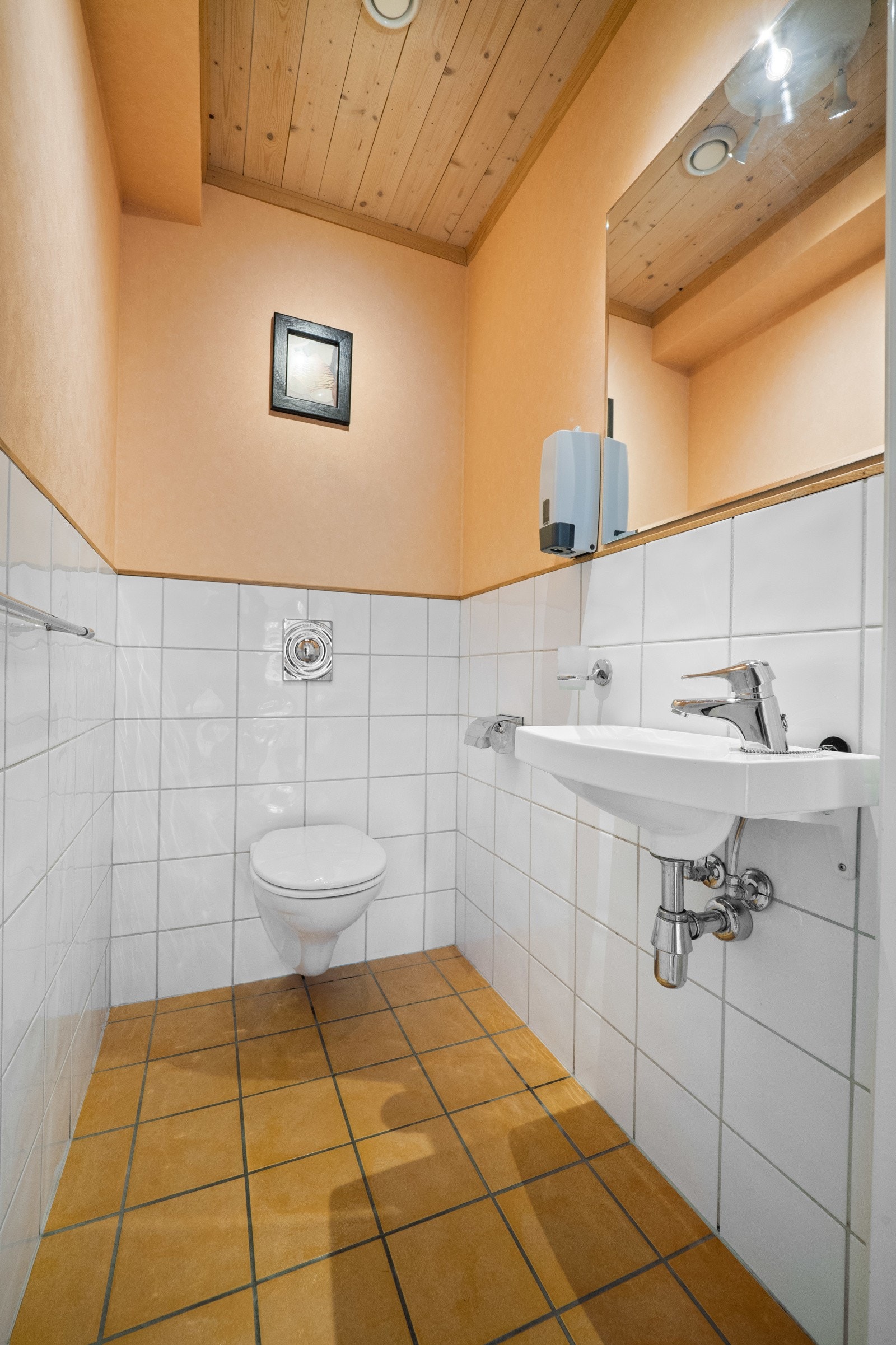 Toalettrommet er dels flislagt og har veggmontert toalett, servant og speil. Galleribilde