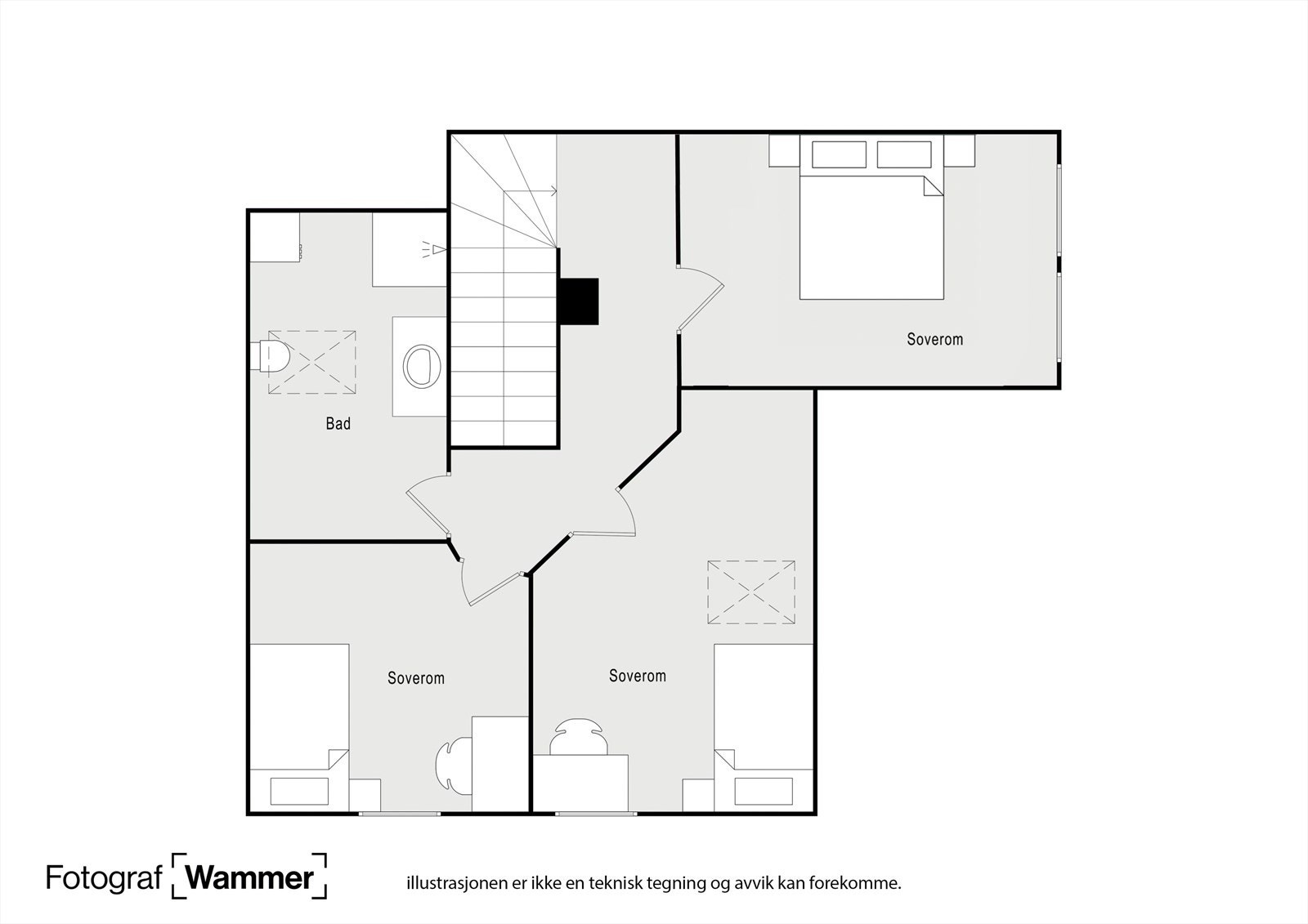 Plantegninger for 2. etasje, alternativ løsning for et ekstra soverom. Galleribilde