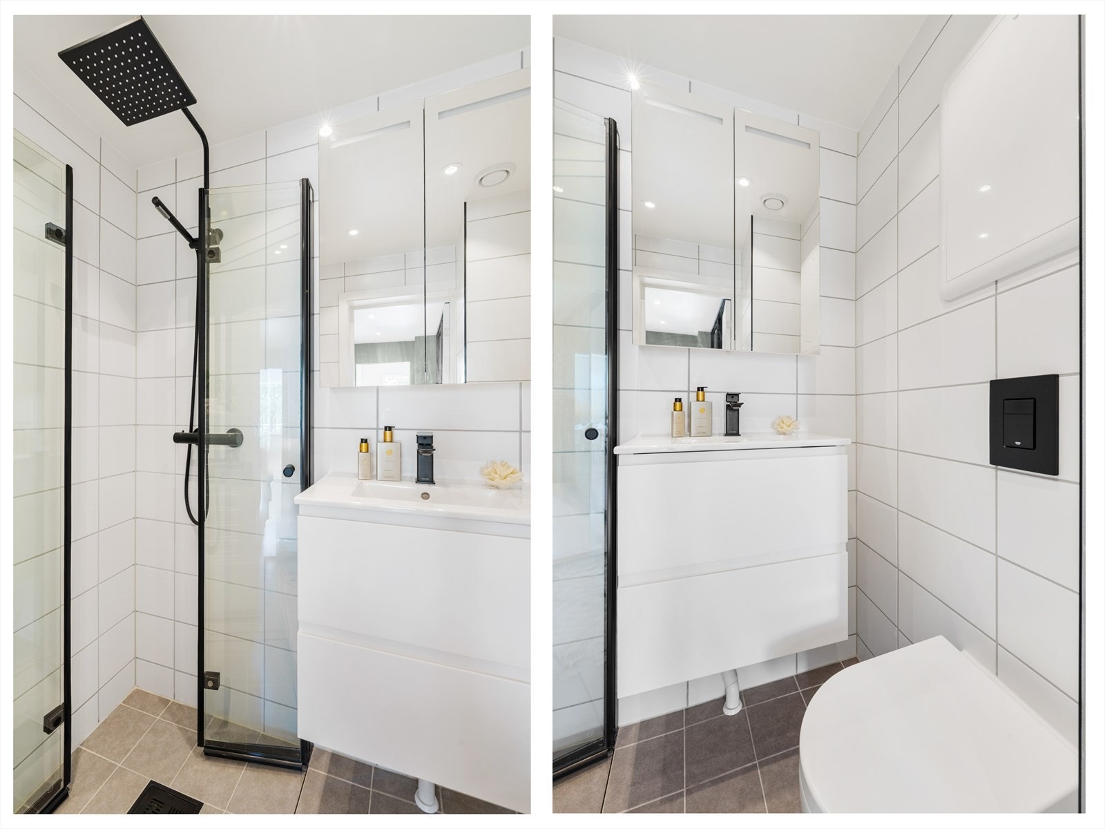 Badet er innredet med servant med underskap, overskap med speildører og belysning, dusjhjørne med svingbare glassdører, veggmontert toalett med innebygget sisterne samt opplegg for vaskemaskin. Galleribilde