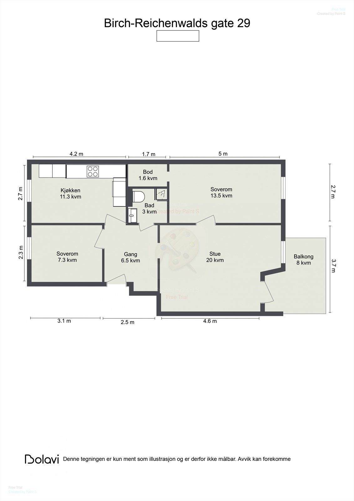 Leiligheten ligger i 7. etasje og inneholder stue med utgang til balkong, kjøkken 2 soverom, bad, bod og entré. I tillegg disponerer leiligheten en kjellerbod og en loftsbod. Galleribilde