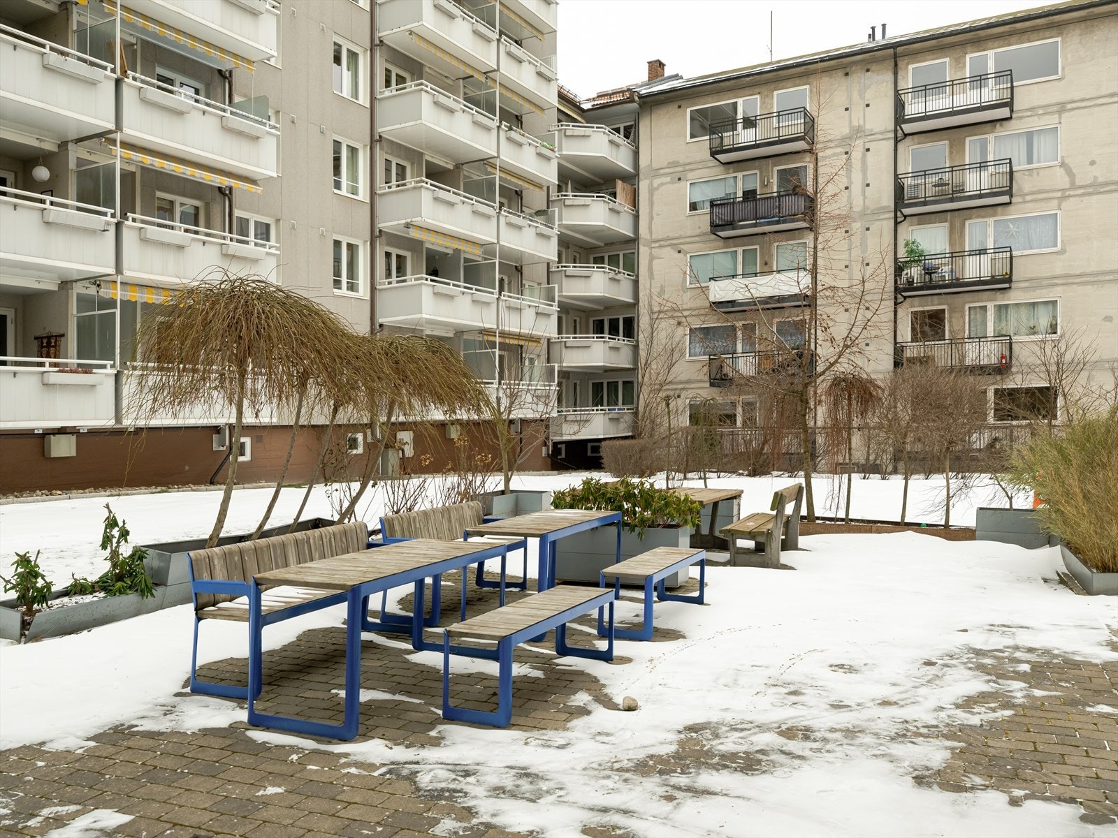 Felles uteområde med benker og bord mellom boligblokkene. Galleribilde