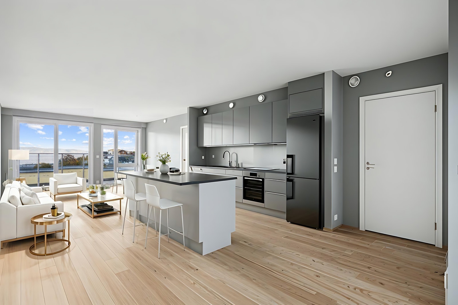 Stue/kjøkken med
AI- genererte møbler. Galleribilde