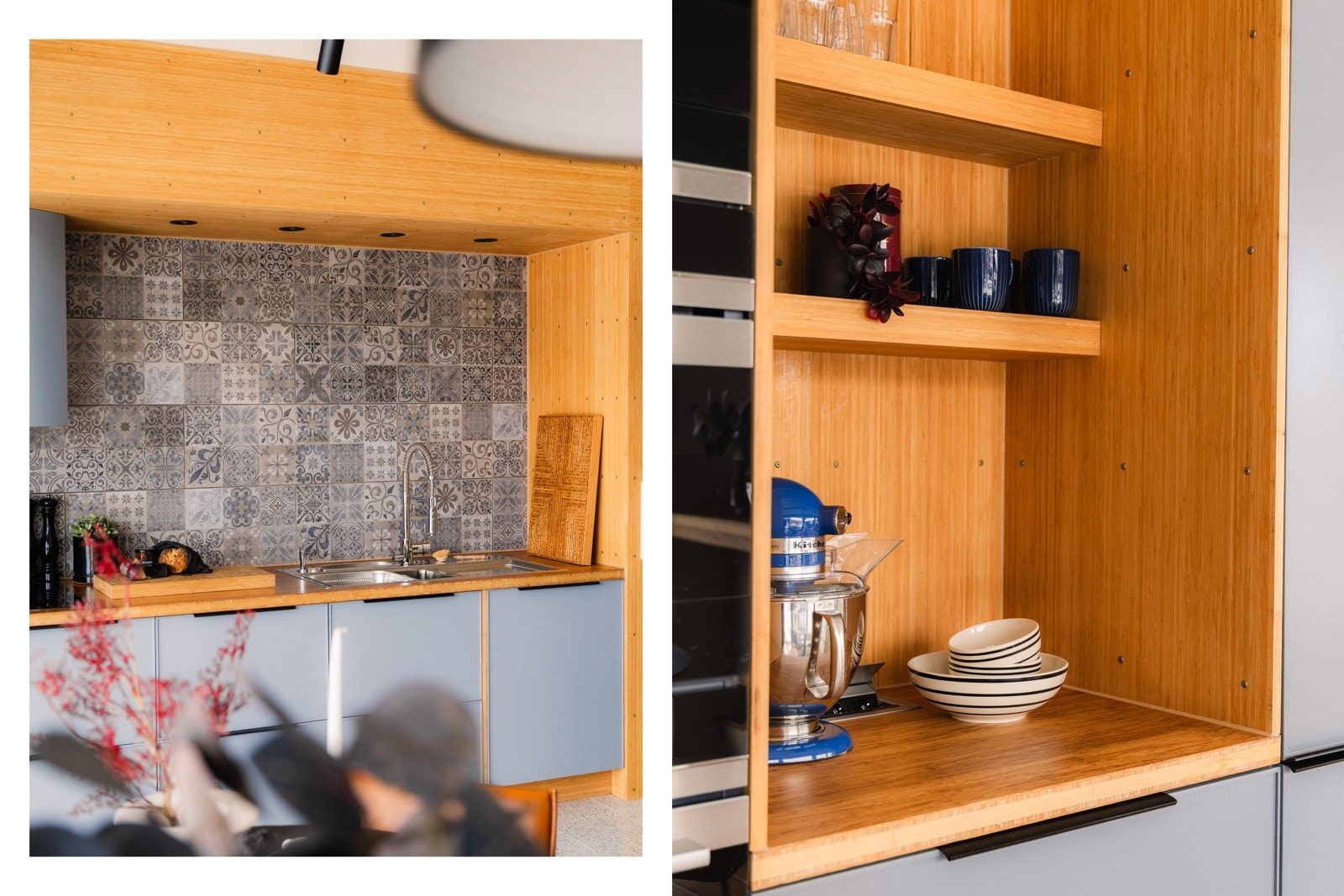 Benkeplaten er av bambus. Materialvalget går igjen i flere av rommene og skaper en flott harmoni i hele leiligheten. Galleribilde