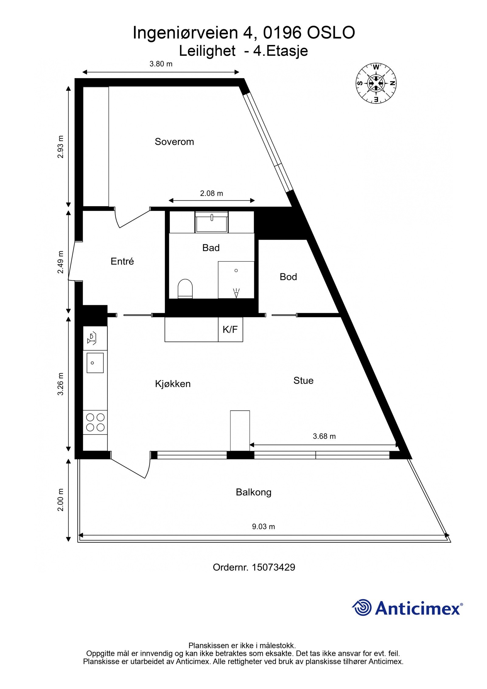 Plantegning. Leiligheten disponerer i tillegg en ekstern bod på 7 m². Galleribilde