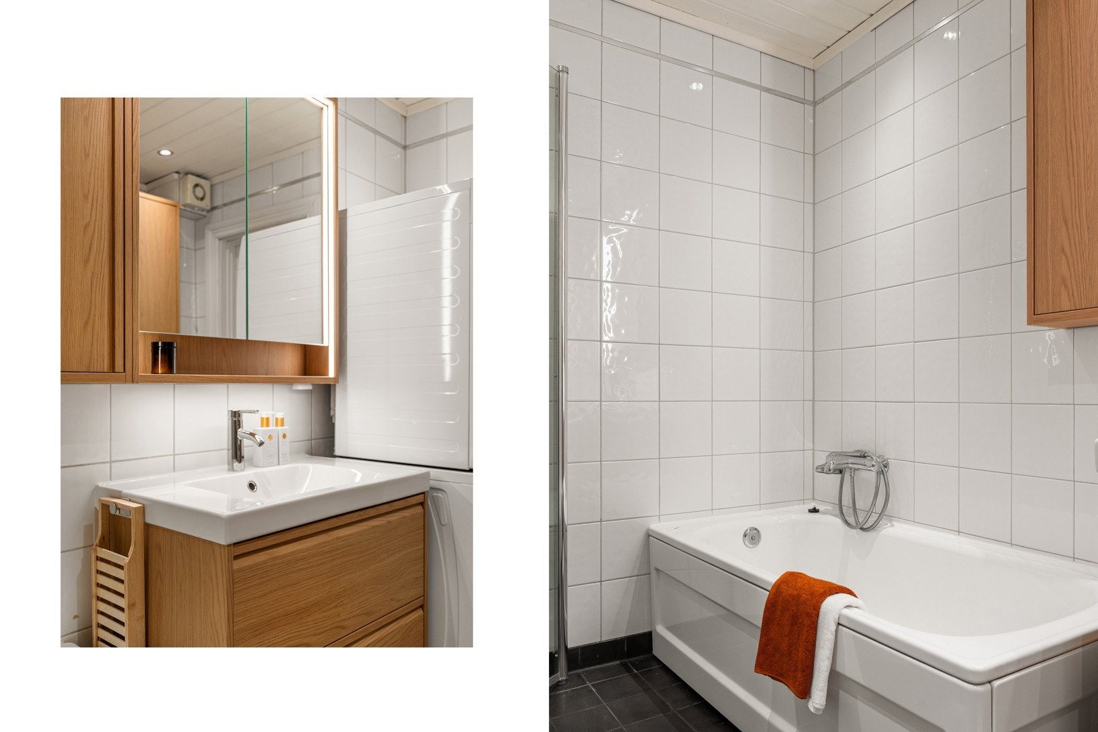 Det er også opplegg for vaskemaskin og tørketrommel, noe som gir en effektiv og plassbesparende løsning for klesvask. Badet fungerer godt etter dagens bruk. Galleribilde