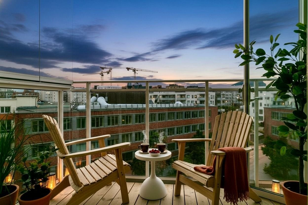 VELDIG fin balkong. Eksempel-møblering. Galleribilde