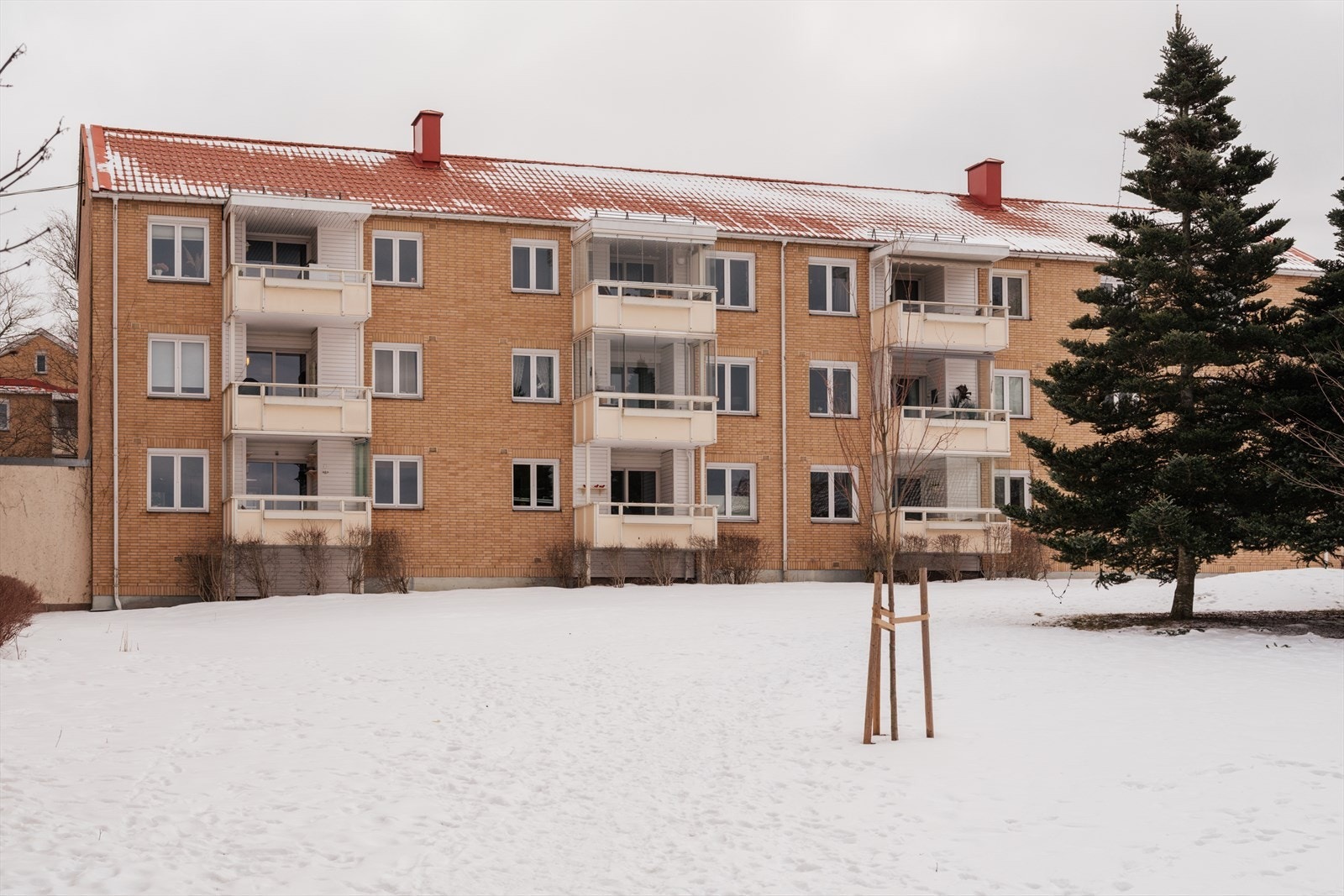 Fasaden mot baksiden viser de innglassede balkongene og borettslagets grønne fellesarealer. Galleribilde