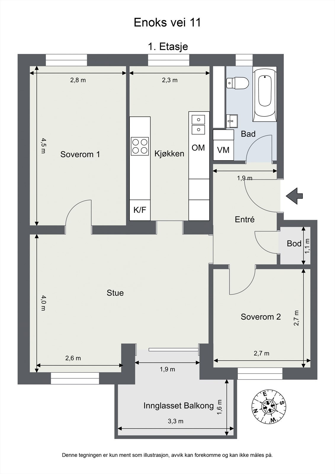 Leiligheten har en arealeffektiv planløsning på 65 m² som rommer entré, stue, kjøkken, bad og to soverom. Galleribilde