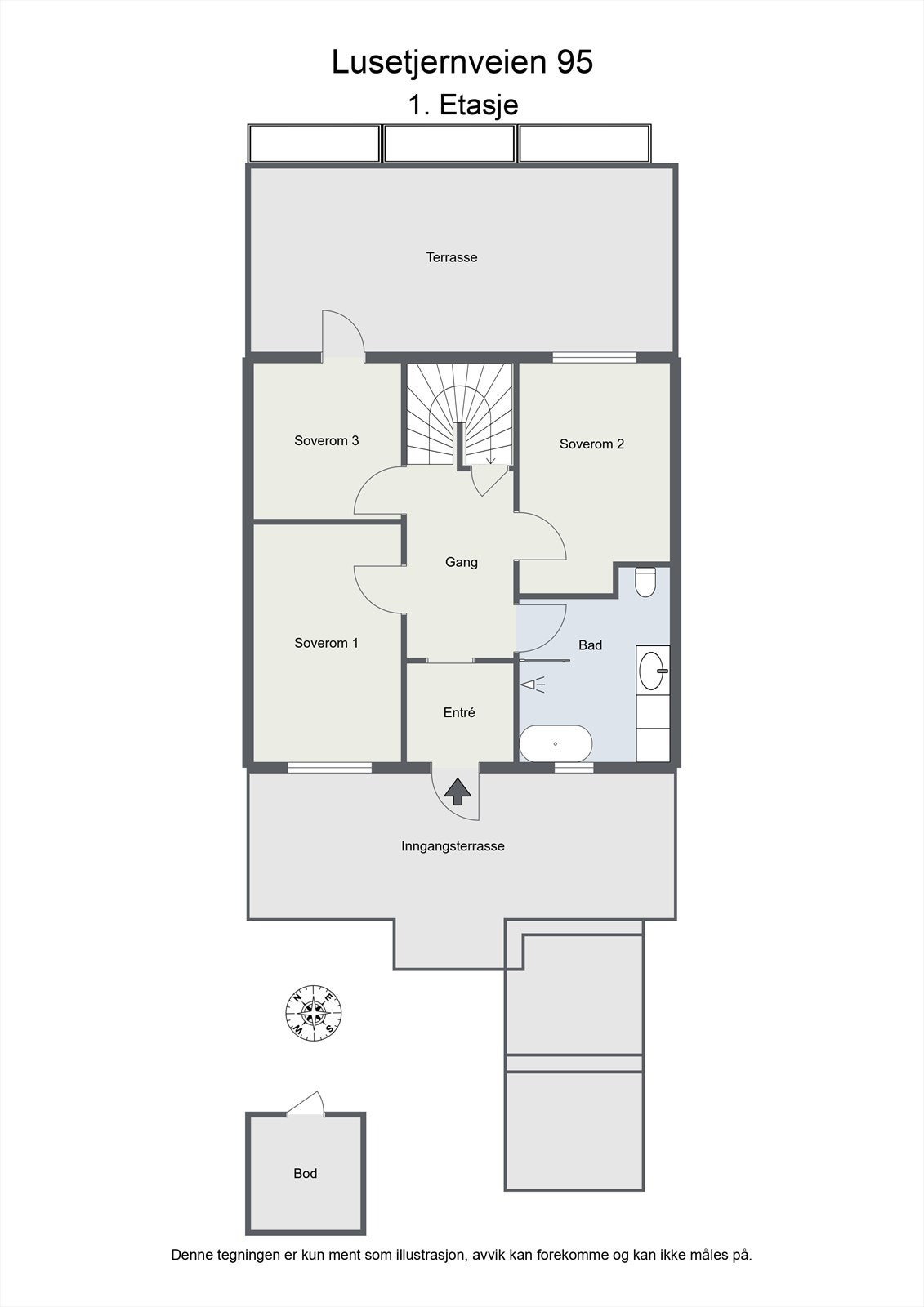 Første etasje har en praktisk planløsning med entré, tre soverom og et moderne bad. Galleribilde