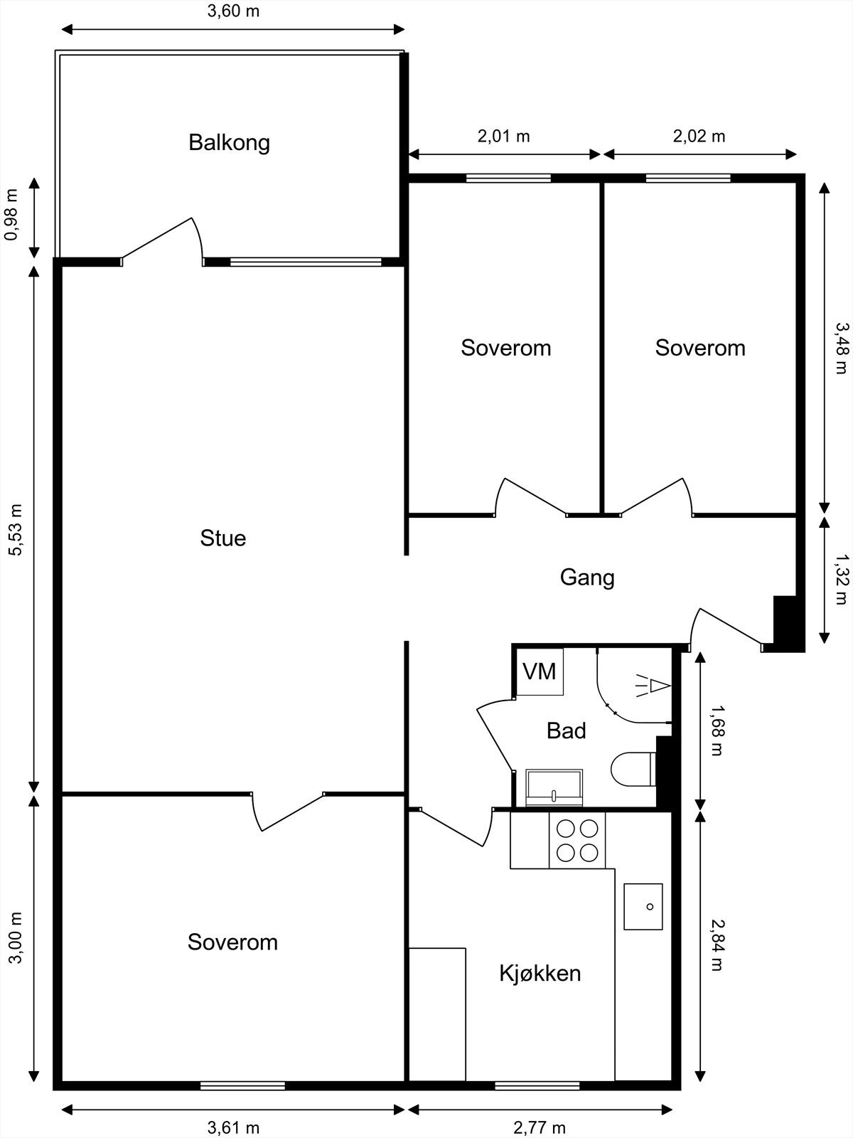 Plantegning. I tillegg disponerer leiligheten en kjellerbod på 4 kvm og en loftstod på 3 kvm. Galleribilde