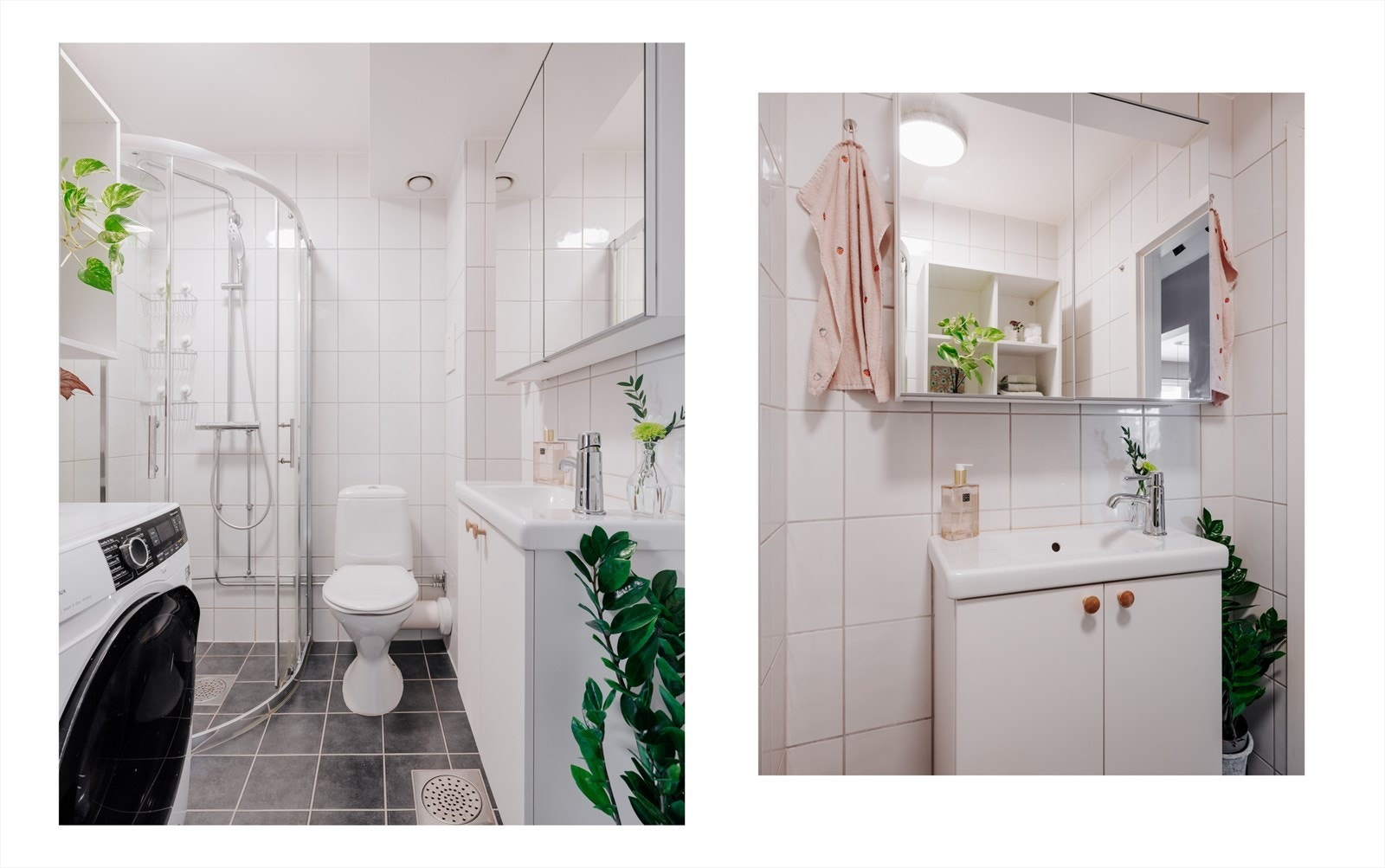 Badet har blitt oppgradert i nyere tid med nye dusjdører, armatur, servant og overskap. Det er også opplegg for vaskemaskin. Galleribilde