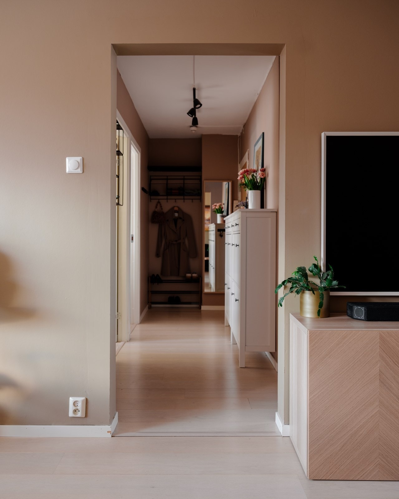 Romslig entré med oppbevaringsplass til å henge av seg yttertøy, samt praktisk skoskap langs veggen. Galleribilde