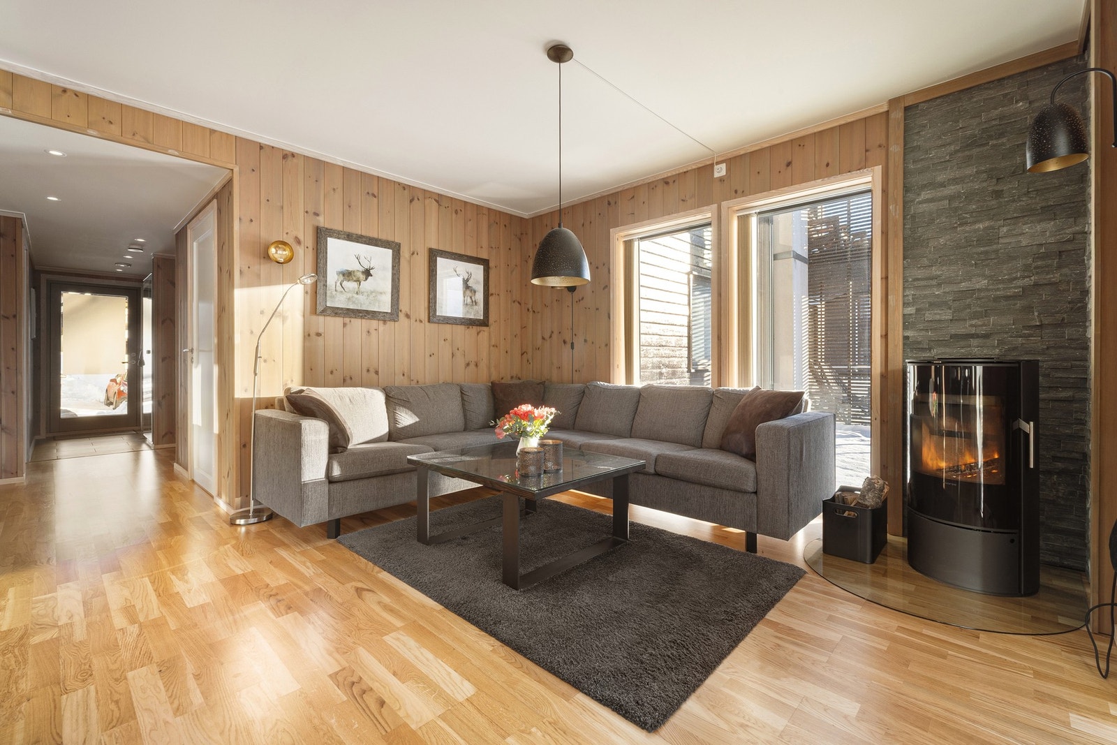 Her ser man at det er god plass, peisovn som varmer godt en kald vinterdag slik det har vert i år. Galleribilde