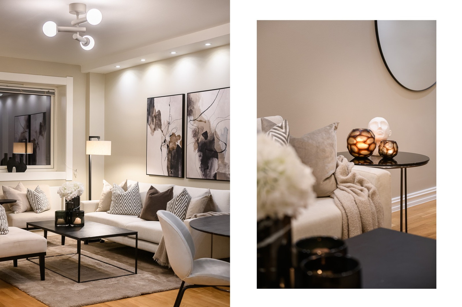 Gulvet har eikeparkett, kombinert med vegger malt i en dus og delikat gråtone. Galleribilde